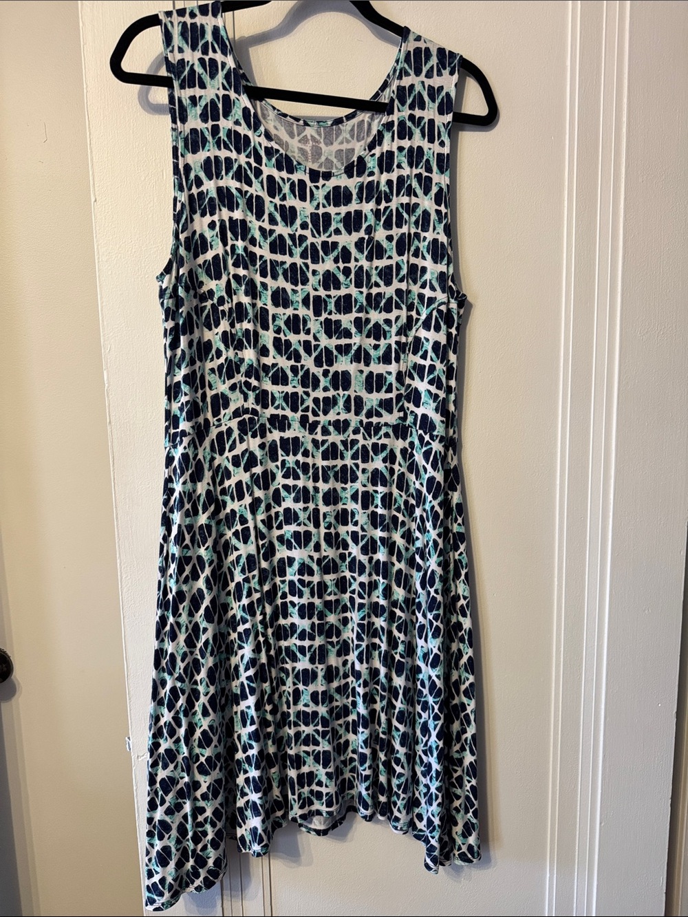 Anna Sleeveless Midi Dress in Navy, Teal & White Geometric Print